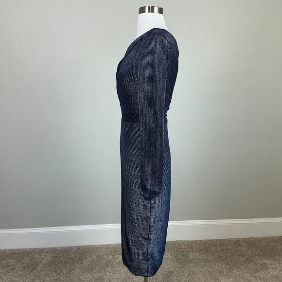 Betsy & Adam Metallic One Shoulder Midi Sheath Cocktail Party Dress Blue Size 6 - Picture 5 of 11